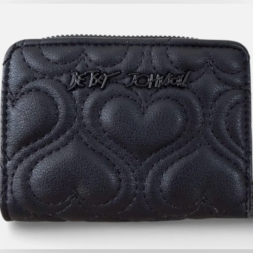 BETSEY JOHNSON BLACK QUILTED ZIP AROUND WALLET WITH 🖤 EMBELLISHMENTS - Picture 2 of 6